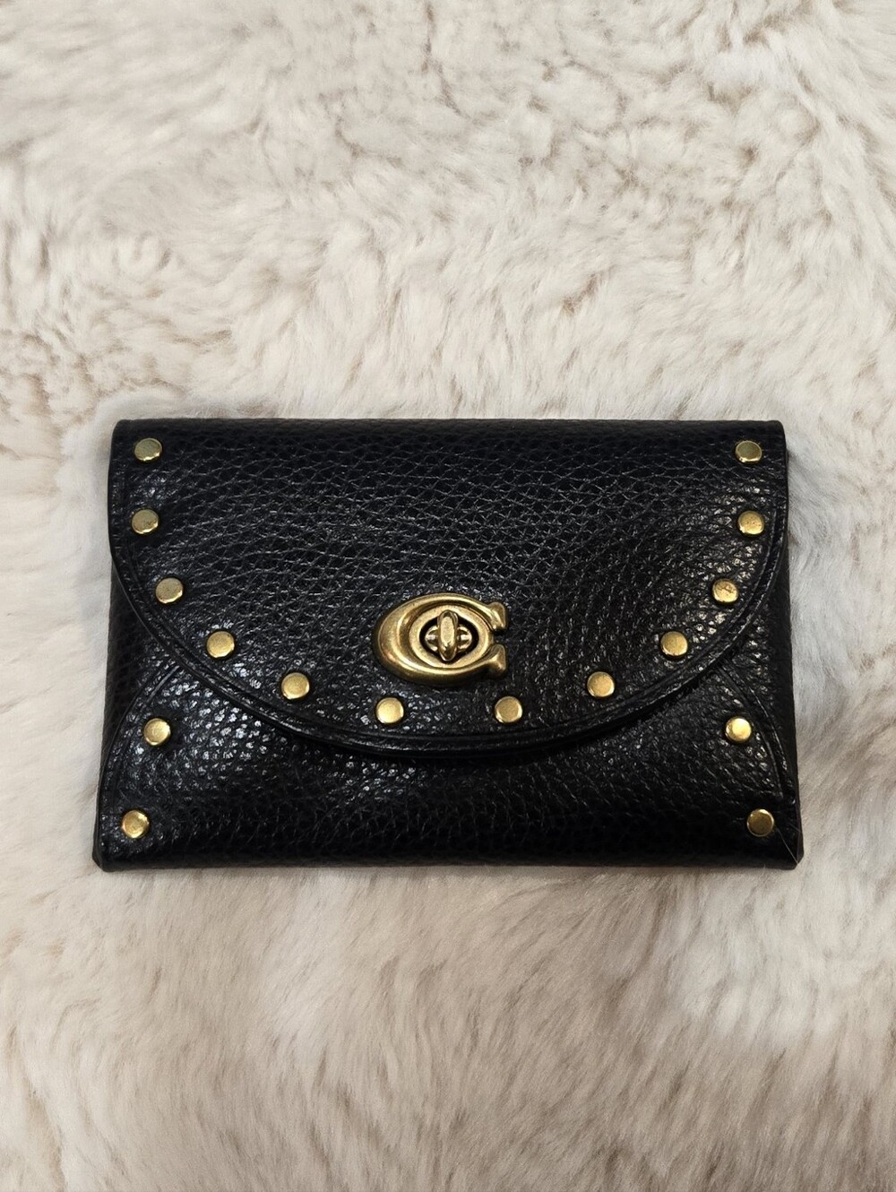 Black Leather Studded Wallet with Gold Turn-Lock